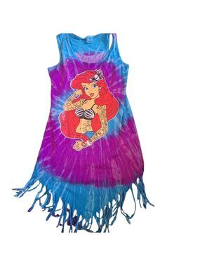 Destinations USA Little MERMAID Tattooed Tie Dyed  Fringe Dress Beach Coverup L